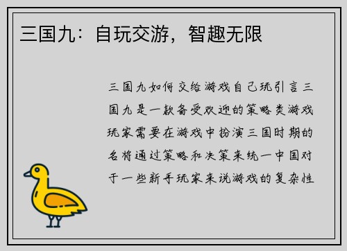 三国九：自玩交游，智趣无限
